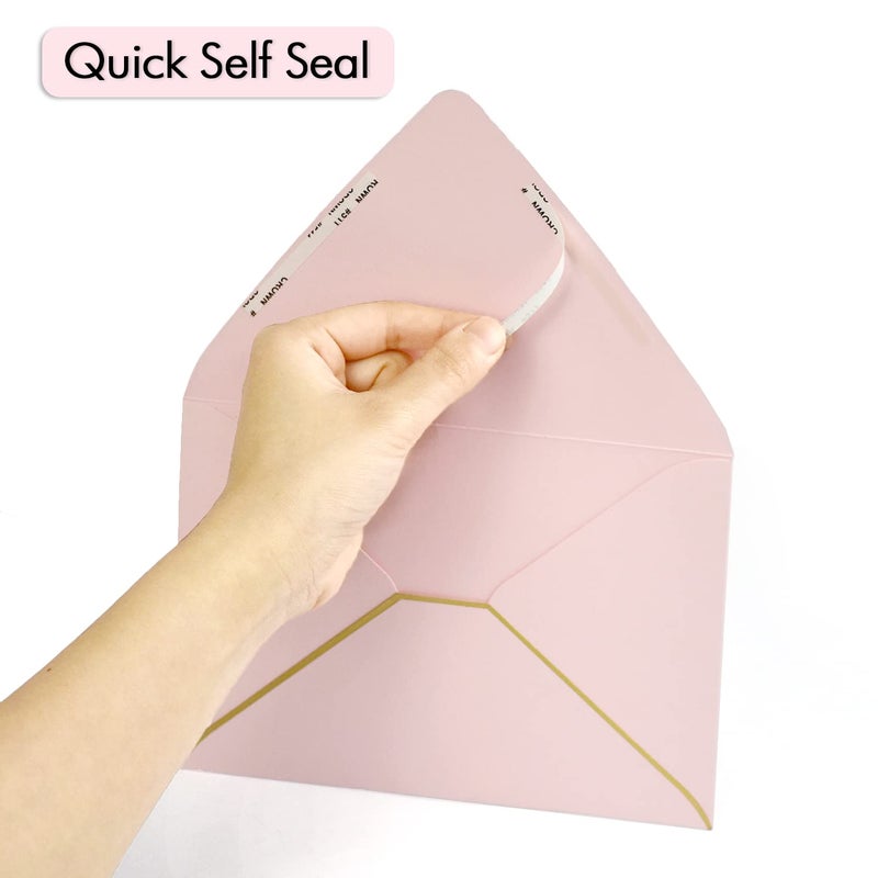 AZAZA A7 Pink Envelopes 50 Pack 5 x 7 - V flap, Quick Self Seal, With Gold Border, For 5x7 Cards| Perfect for Weddings, Invitations, Photos, Graduation, Baby Shower|Thick Luxury Paper (Pink-golden border) - Image 5